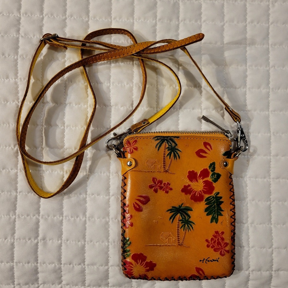 Hand-Tooled Hawaii-Themed‎ Embossed Pattern Artisan Leather Small Crossbody Cute